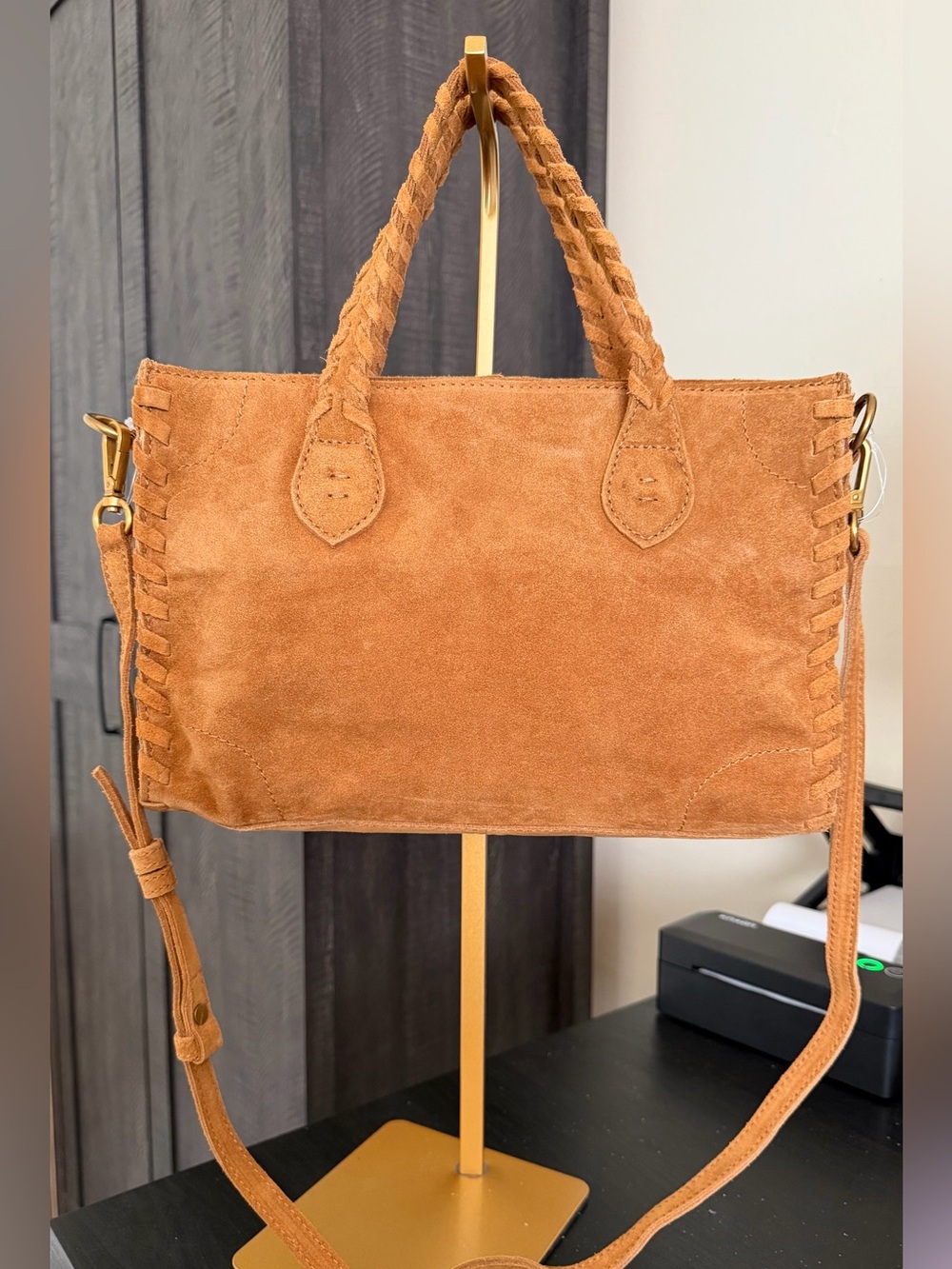 NWT Margot Italian suede satchel in cognac brown color w crossbody strap